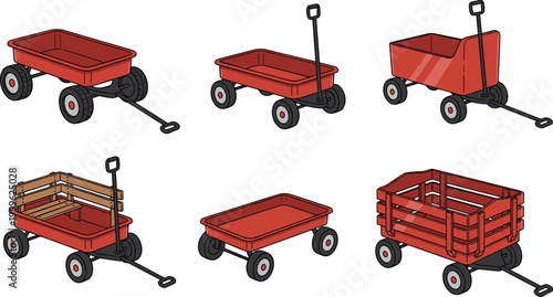 Vector illustration of red wagons in diverse classic designs with wooden slats and crate styles in decorative design