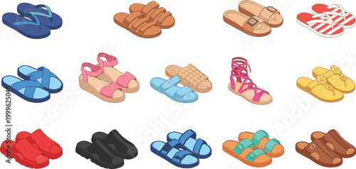 Vector illustration of sandals and flip‑flops in diverse casual footwear designs with decorative styles in decorative design