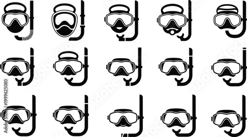 Vector illustration of scuba diver and snorkeler icons with masks and snorkels in decorative design