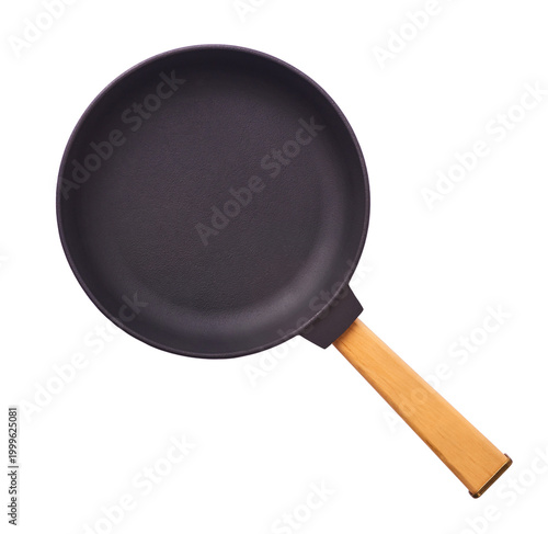Bild auf Leinwand Levitating small cast iron frying pan with a wooden handle isolated on a white background