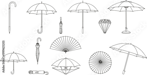 Vector illustration of umbrellas and parasols in different designs and forms in decorative style