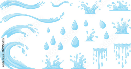 Vector illustration of water splashes, waves, droplets and streams in dynamic fluid decorative design