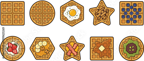 Set of Waffle Icons in Various Shapes with Sweet and Savory Toppings Including Fruits, Syrup, Bacon, and Egg for Breakfast Food Design