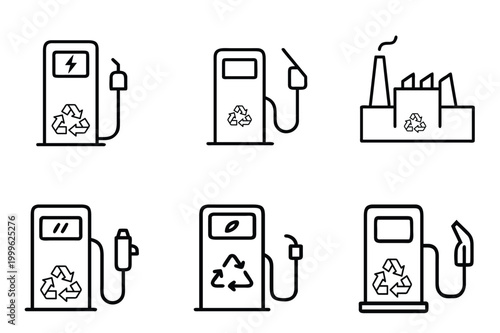 Recycle line icons set eco energy fuel pump charging station biofuel factory gas industry green power ecology & more vector illustration with editable stroke.
