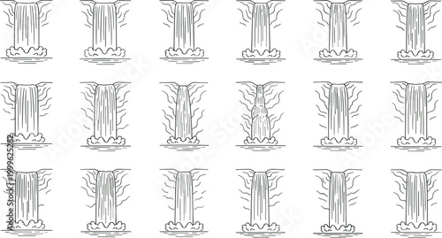 Vector illustration of waterfalls in diverse cascading designs with splashes and waves in decorative design