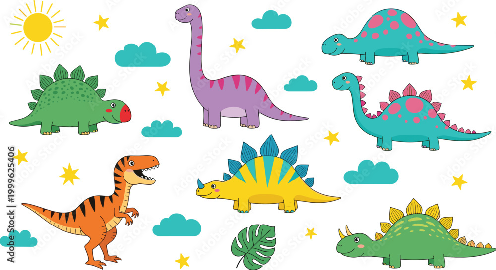 Fototapeta premium Cute colorful dinosaurs collection with cartoon prehistoric animals in playful vector illustration set