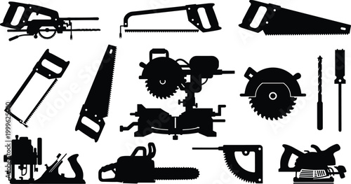 Vector illustration of woodworking tools including saws, drills, chisels and sanders in diverse designs in decorative design