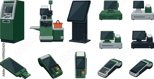 Retail POS System and Payment Terminal Vector Illustration Set with ATM, Cash Register, Self Service Kiosk and Card Reader Devices for Business Technology Design