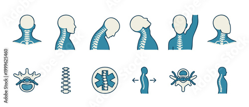Human Cervical Spine Anatomy Icons Set, Neck Pain Exercises and Vertebrae Alignment Illustrations, Chiropractic Health Care and Orthopedic Medical Diagnostic Symbols for Clinical Infographic Education