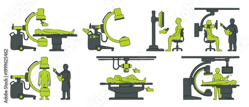 Medical X-ray Imaging Procedures Set, C-arm Fluoroscopy Equipment and Patient Diagnostic Examination Scenarios, Healthcare Diagnostic Vector Icons for Hospital Radiology and Clinical Surgery Processes