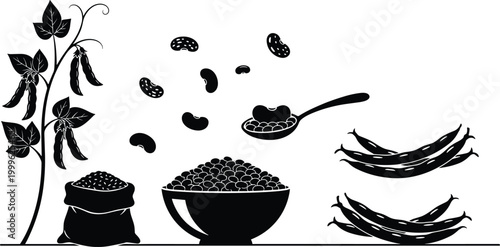 Vector illustration of bean plant, pods, sack, bowl and spoon with beans in decorative design