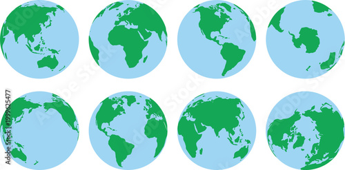 World Globe Set Vector Illustration with Earth Maps Showing Continents and Oceans from Different Angles for Geography, Education, Travel and Global Concept Design