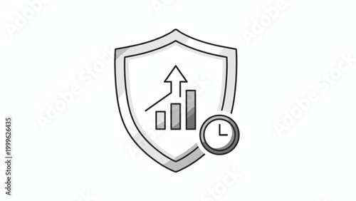 Protective shield enclosing a bar chart with an upward arrow and a clock icon, symbolizing secure long-term growth, protected investments, and consistent progress over time.