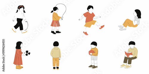 Children playing vector illustration group of kids in simple line art