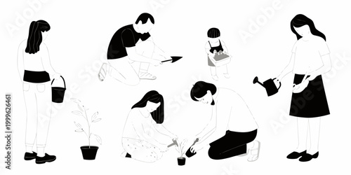 family gardening illustration six people tending plants in black and white