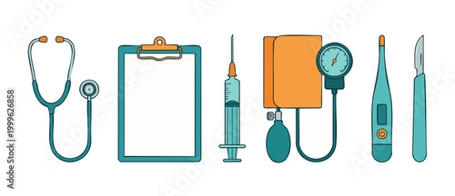 Medical equipment icons set, professional healthcare tools including stethoscope, clipboard, syringe, blood pressure monitor, thermometer and scalpel, flat vector illustration for clinical or hospital