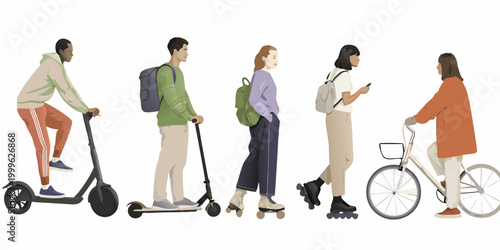 People commuting with various urban transport vector illustration