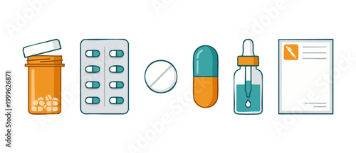 Medical pills and medicine icons, healthcare pharmaceutical collection with tablets, capsule blister, dropper bottle and prescription pad, flat vector illustration set for clinic and hospital pharmacy