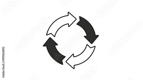 Dynamic icon of four arrows forming a continuous circular cycle with alternating solid and outlined arrows, symbolizing iterative process and ongoing workflow.
