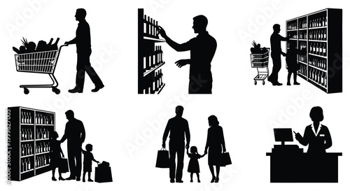 supermarket shoppers and shelves in black silhouette high quality professional detailed modern elegant stylish clean crisp vibrant colorful digital creative innovative