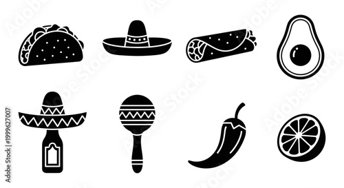 Mexican food and drink icons including taco, burrito, avocado, sombrero, maraca, chili pepper, and lime