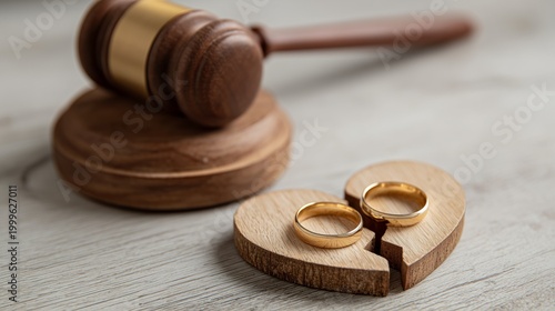 A judge's gavel is placed near a broken wooden heart split into two pieces with two gold wedding rings, symbolizing divorce and separation, a legal concept.