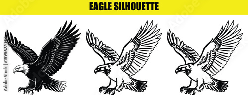 Bald eagle silhouette illustration set showing powerful bird of prey in flight with wings spread and talons ready.