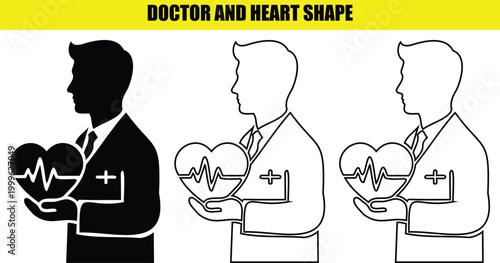 Cardiologist silhouette set holding heart shape with pulse rhythm line representing cardiovascular health and care.