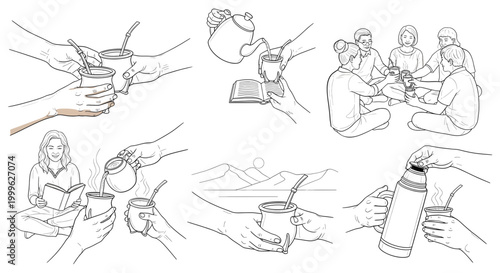 Line art illustrations of people drinking tea and coffee from various vessels