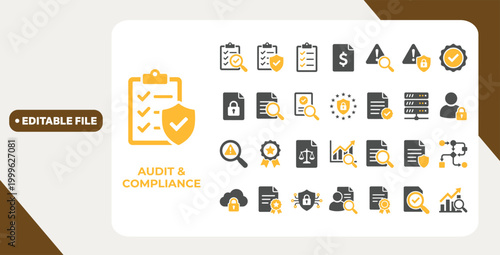 Audit and compliance icon set. featuring data privacy, GDPR, cyber security, and regulatory standards icons for business and corporate use.