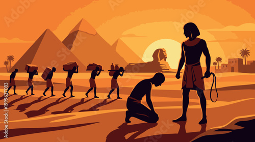 An Egyptian taskmaster holds a whip over an exhausted kneeling slave while others carry heavy stone blocks to build the great pyramids and sphinx during a warm sunset