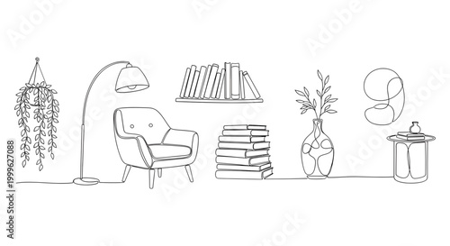Minimalist living room interior with chair, books, and plants in a simple line drawing style.