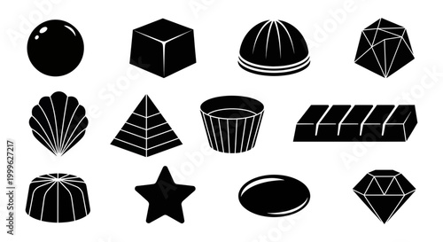 Collection of 3D shapes and objects in black and white, geometric icons set