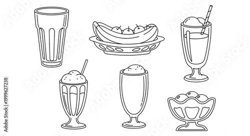 Black and white illustration of various milkshakes and desserts with bananas