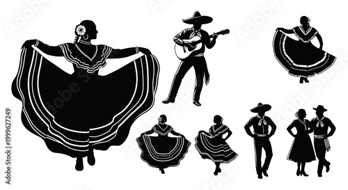 Black silhouettes of traditional Mexican dancers and musicians in various poses and outfits.