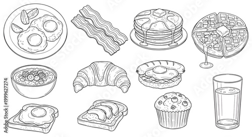 Variety of breakfast foods including pancakes, muffins, and pastries, with a glass of juice