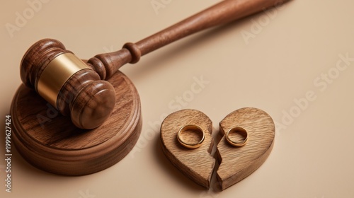 A judge's gavel is placed near a broken wooden heart split into two pieces with two gold wedding rings, symbolizing divorce and separation, a legal concept.