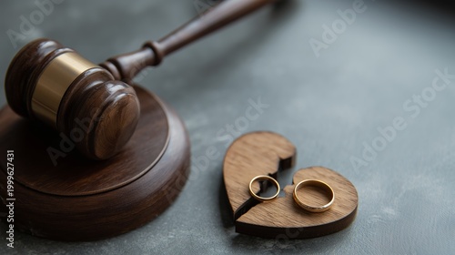 A judge's gavel is placed near a broken wooden heart split into two pieces with two gold wedding rings, symbolizing divorce and separation, a legal concept.