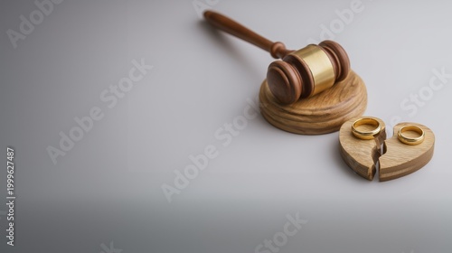 A judge's gavel is placed near a broken wooden heart split into two pieces with two gold wedding rings, symbolizing divorce and separation, a legal concept.