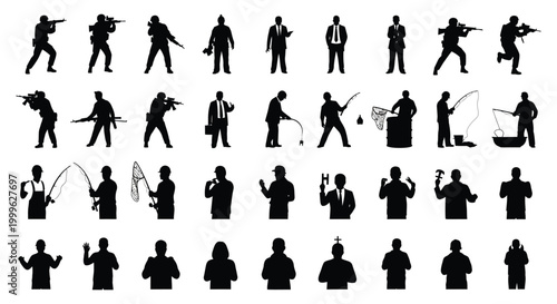 Collection of diverse people silhouettes engaged in various activities black and white silhouette high quality professional detailed modern elegant stylish clean