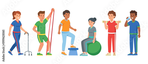 Physical therapy rehabilitation exercise people, active seniors and patients training with medical equipment, fitness workout, recovery sessions, and health wellness concept vector illustration set.