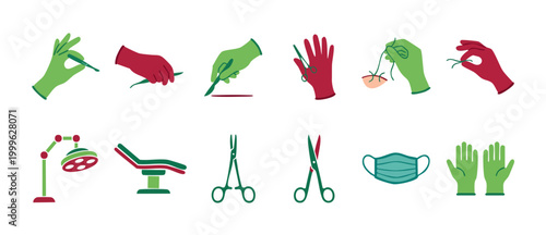 Medical surgical icons set, doctor hands with tools and equipment. Flat vector illustrations of surgery instruments, scalpels, gloves, surgical lamp, mask and operating table for hospital clinic desig