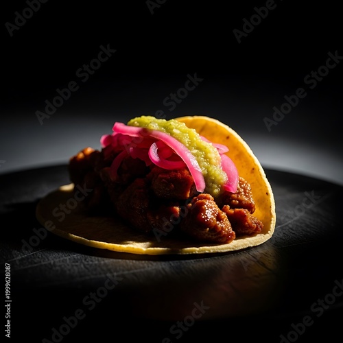 Delicious taco with meat salsa and pickled onions on a plate