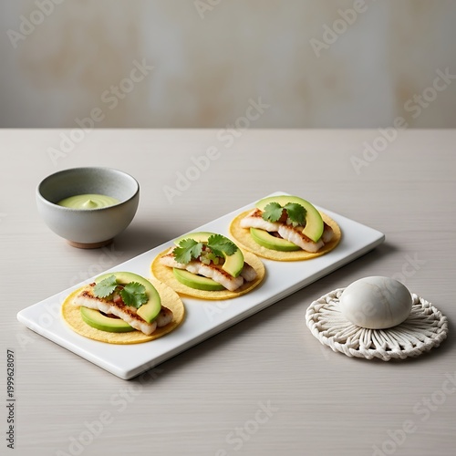 Delicious fish tacos with avocado and cilantro on a white plate with bowl