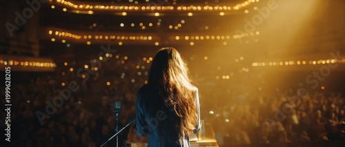 A woman stands at a podium in a golden haze, illuminated by dramatic backlight. The cinematic atmosphere and glowing bokeh create an inspirational storytelling scene.