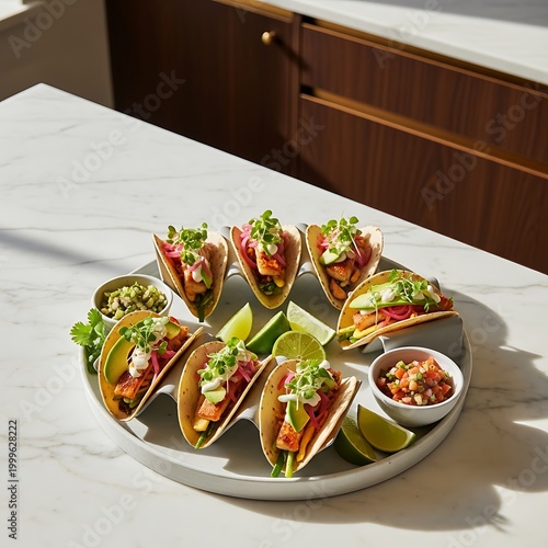 Delicious tacos with various toppings on a white marble kitchen countertop in modern home