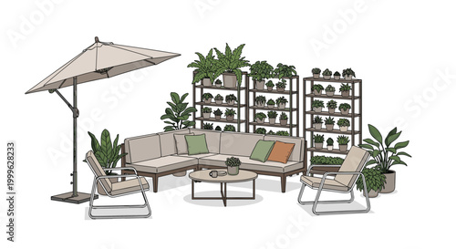 Spacious outdoor patio setup contains a large sectional sofa, two lounge chairs, coffee table, and numerous potted plants.