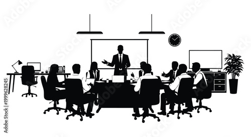 Business meeting in a modern office with people around a conference table black silhouette high quality professional detailed elegant stylish clean
