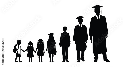 Graduation silhouettes of family members progressing in age black and white silhouette high quality professional detailed modern elegant stylish clean crisp