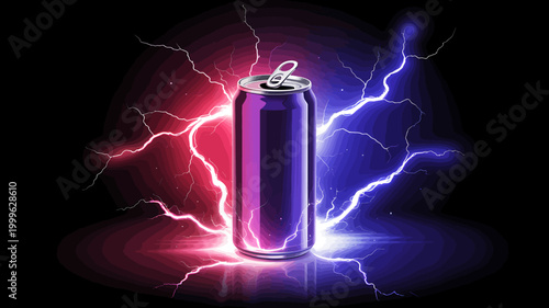Electricity striking a soda can with red and blue lightning bolts around it